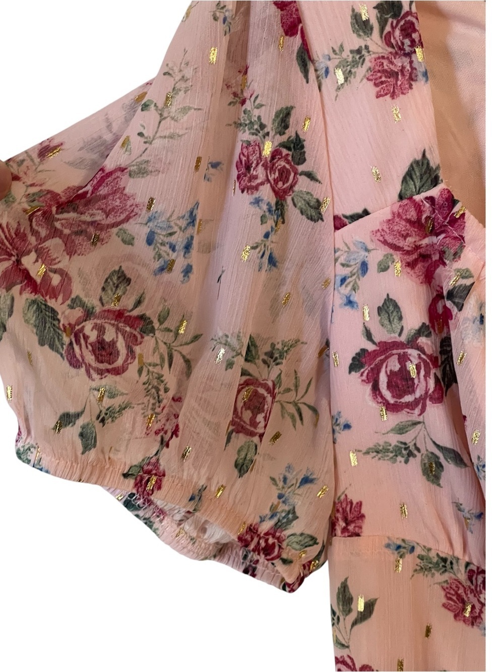 Pink Floral Puff Sleeve Tie Back Bohemian Midi Dress SZ LG NWTS!! - Picture 4 of 13